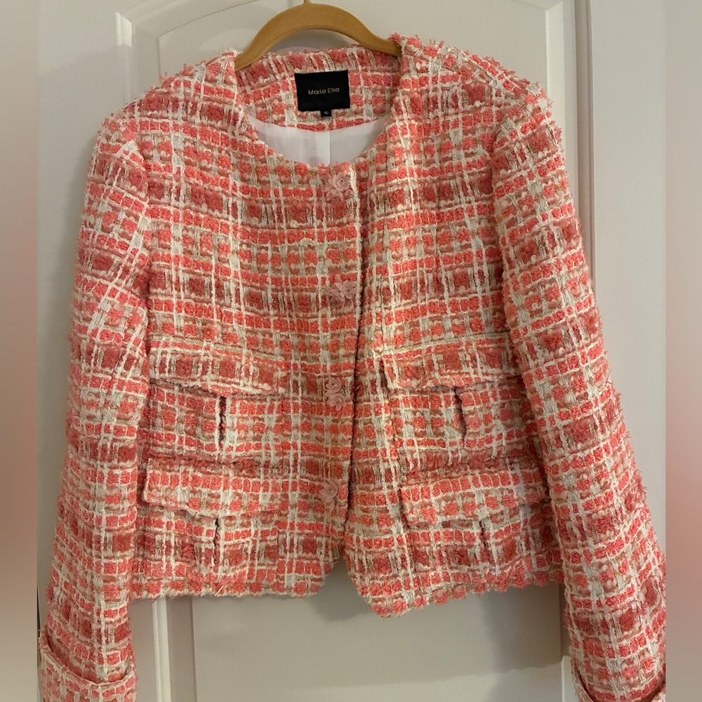 Marie Elie Coral and Ivory Tweed Blazer